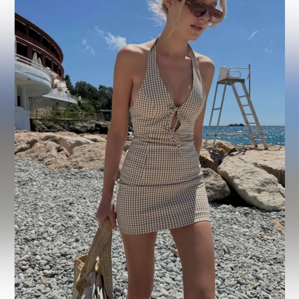 Zara Beige Gingham Halter Mini Dress